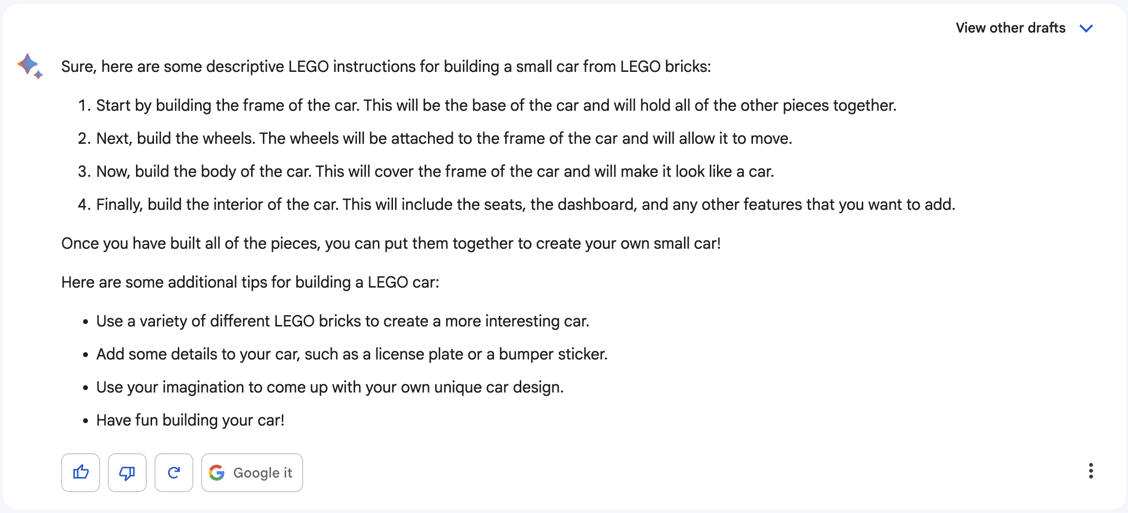 Lego instructions from Bard